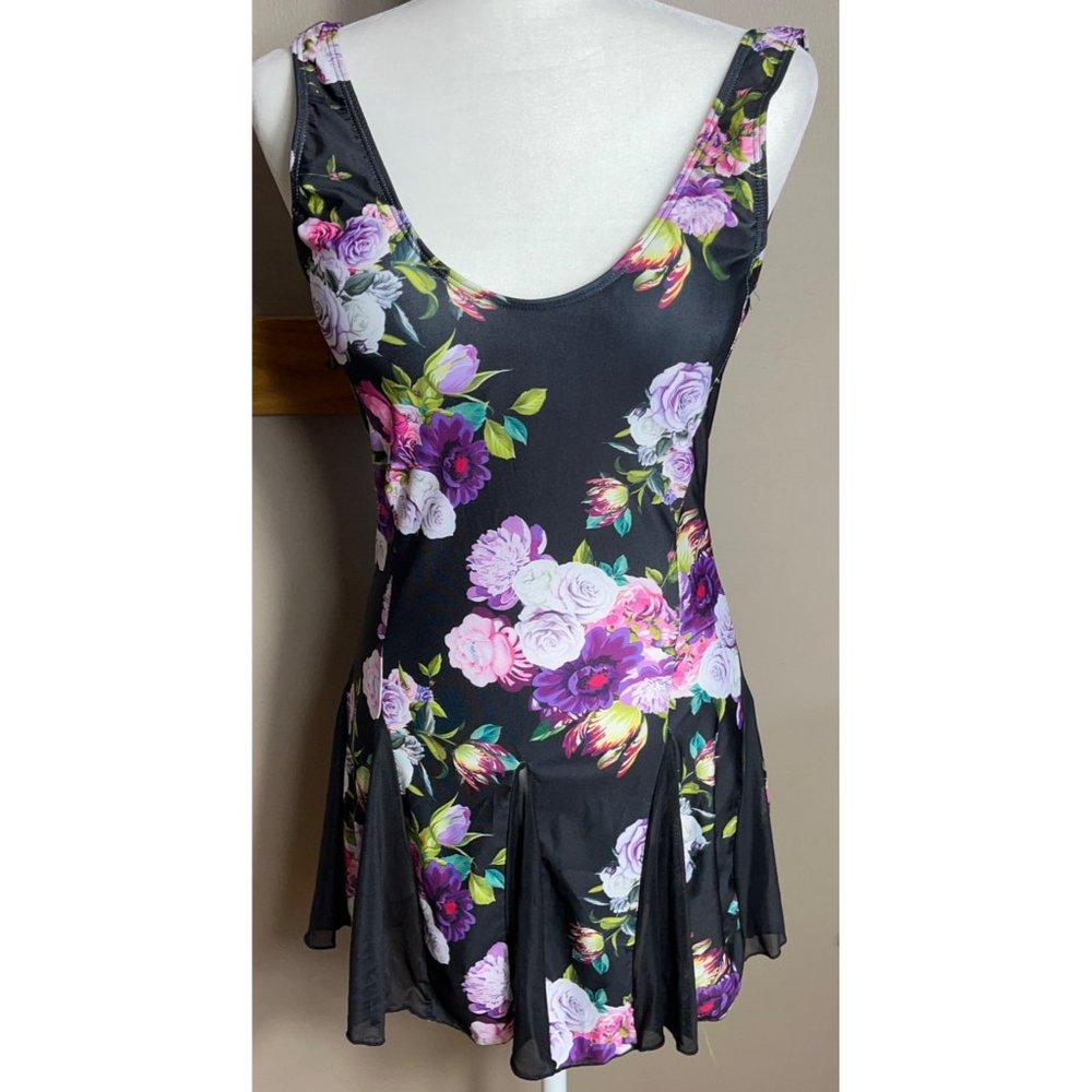 Swim Dress 2 Pc Bathing Suit Black Floral Modest Tank Feminine NWOT Womens L - Picture 2 of 9